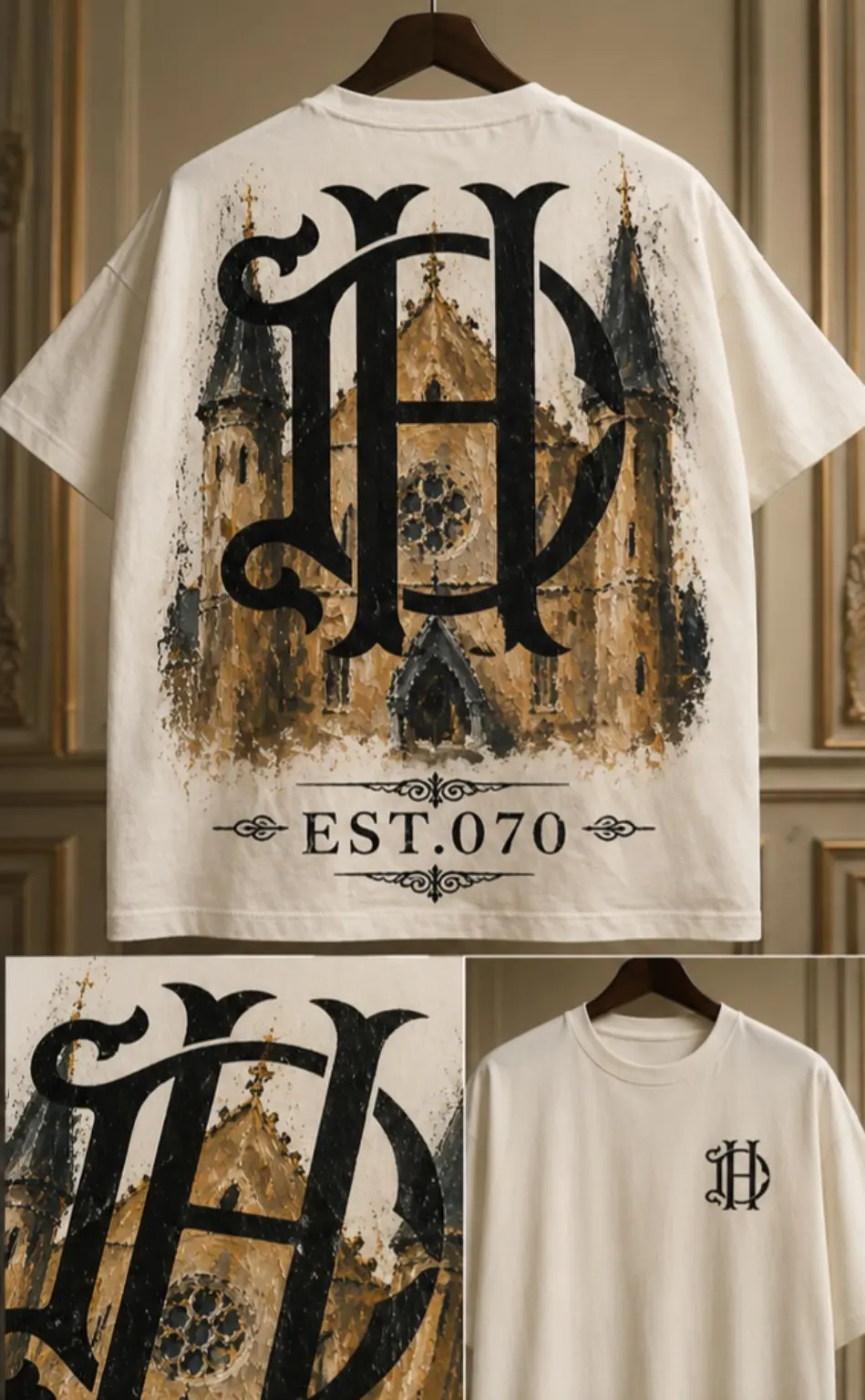 Wit EST.070 T-shirt met groot DH-monogram over de Ridderzaal